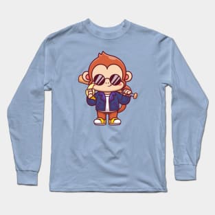 Cute Monkey With Baseball Bat With Jacket And Banana  Cartoon Long Sleeve T-Shirt